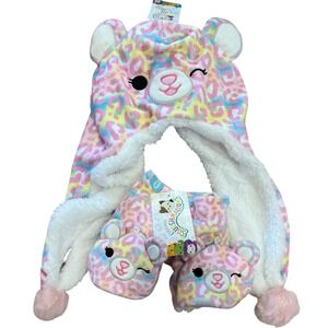 Squishmallows Michaela Hat Gloves Set‎ Ears Pom Pom Pink Leopard Winter Cap NWT
